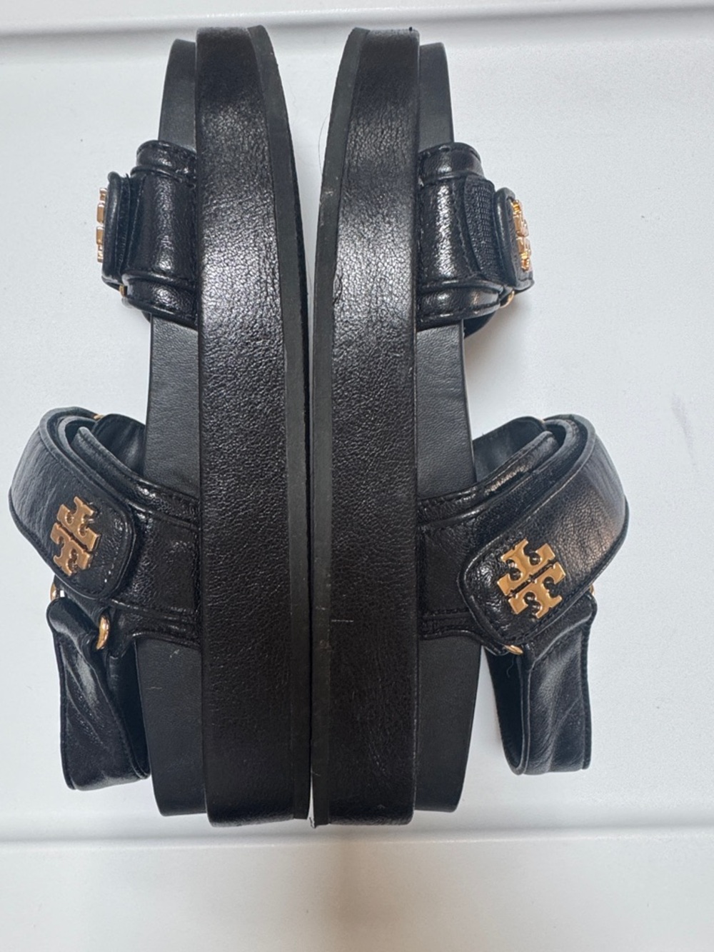 Tory Burch Kira Black Leather Platform Sport Sandals with Gold Logo Size 8 - Picture 9 of 11